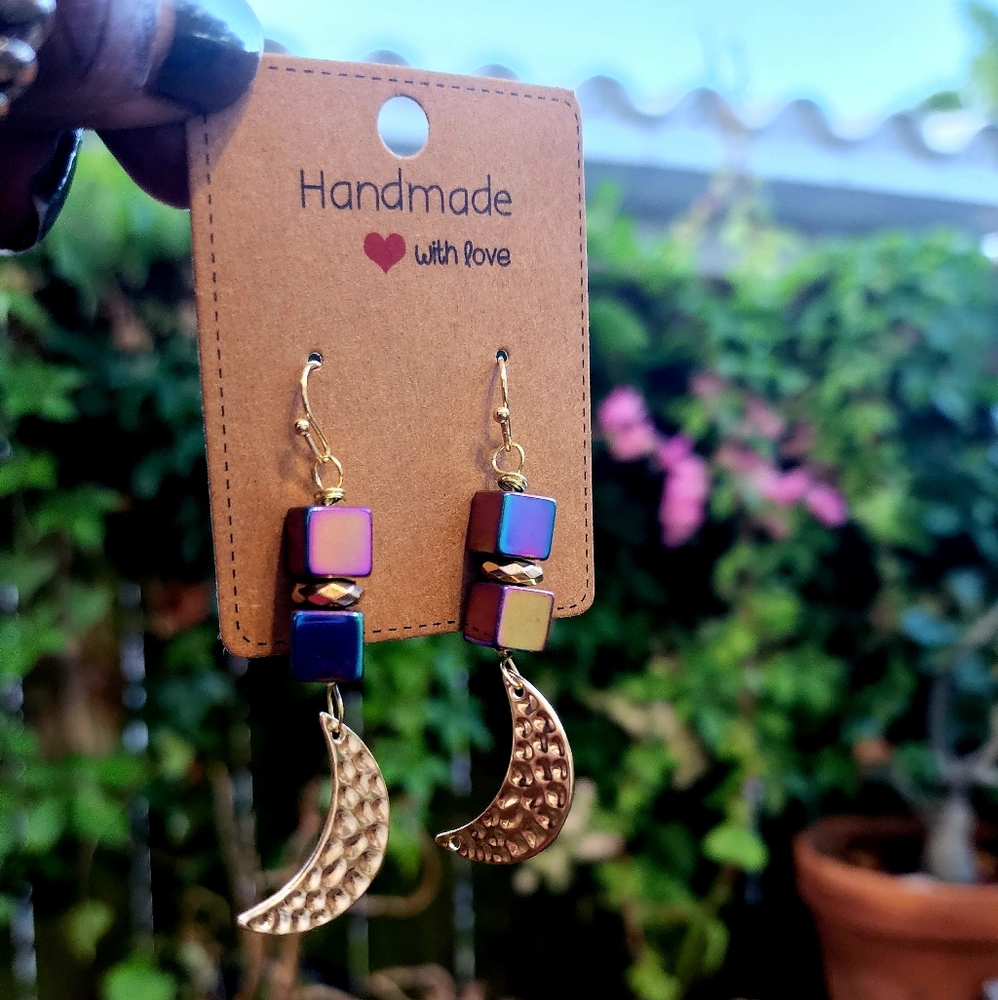 Rainnow Hematite Moon Earrings